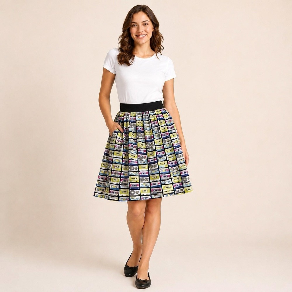 Retrolicious Cassette Tape Skirt S Novelty Print 80s Music Rockabilly Pockets